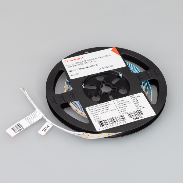 Купить Arlight Лента COB-X128-8mm 24V Warm3000 (9.6 W/m, IP20, DOT, 5m) (Открытый) 036838