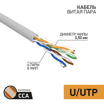 Кабель витая пара UTP 4PR 24AWG CAT5e, CCA, PVC, серый, (бух 100 м)PROconnect 01-0043-3-100