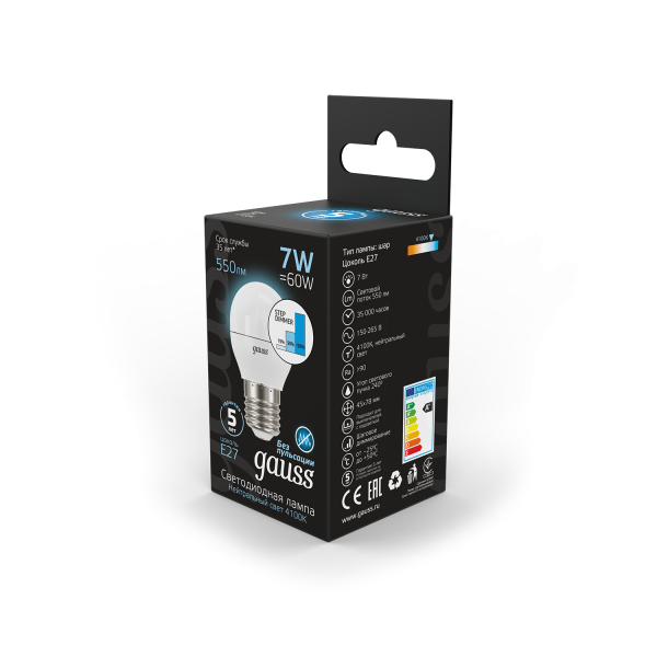 Купить Gauss Лампа Шар 7W 550lm 4100K Е27 шаг. диммирование LED 105102207-S