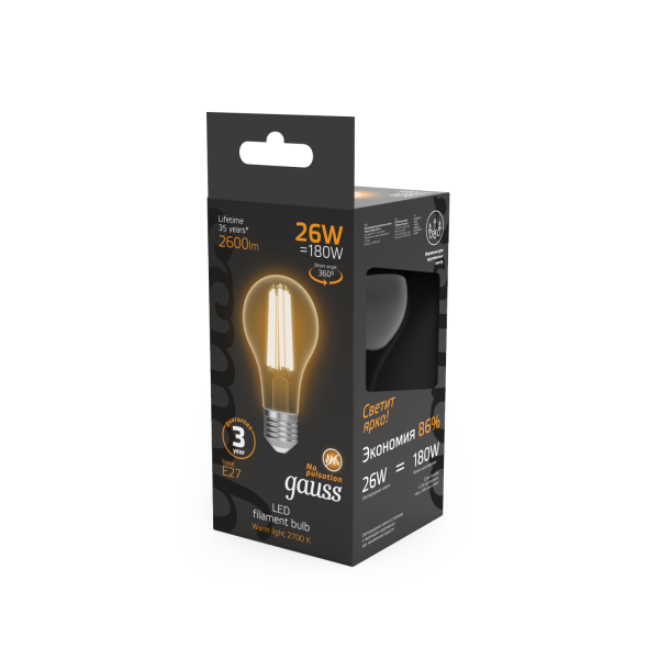 Купить Gauss Лампа Filament А70 26W 2600lm 2700К Е27 LED 1/10/40 102902126