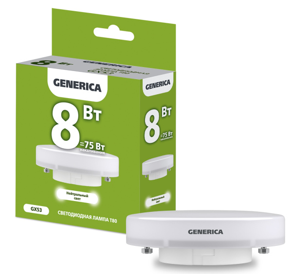 IEK GENERICA Лампа LED T80 таблетка 8Вт 230В 4000К GX53 LL-T80-08-230-40-GX53-G