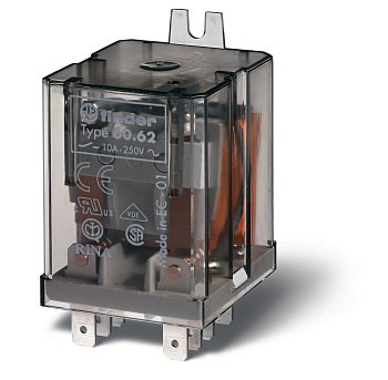 Finder Универсальное электромеханическое реле; монтаж в наконечники Faston 187 (4.8х0.8мм); 2CO 10A; контакты AgNi; катушка 60В AC; степень защиты RTI 606280600000