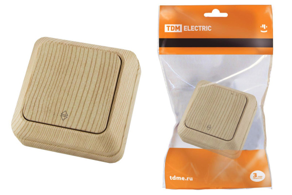 TDM Переключатель на 2 направления 1-кл. открытой установки IP20 10А, сосна "Ладога" SQ1801-0045