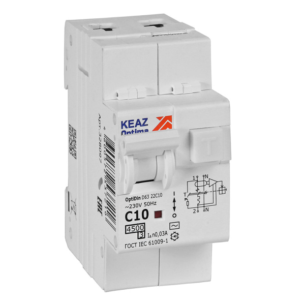 КЭАЗ Автоматический выключатель дифференциального тока АВДТ с защитой от сверхтоков OptiDin D63-22C10-AC-У3 (2P, C10, 30mA, 4,5кА) 328097