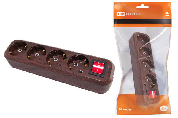 TDM Колодка розеточная 4 гнезда 2П+3 с выключателем16А 250В "Эко" (бук) SQ1806-0066
