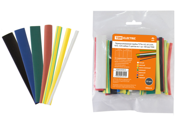 TDM Термоусаживаемая трубка ТУТнг 4/2, 6/3, 8/4, 10/5, 12/6 набор (7 цветов по 1 шт. 100мм) SQ0518-0515