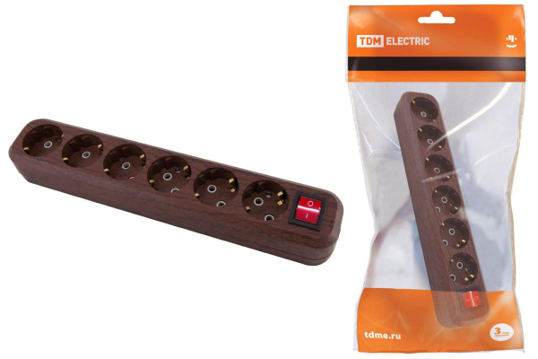 TDM Колодка розеточная 6 гнезд 2П+3 с выключателем16А 250В "Эко" (бук) SQ1806-0072
