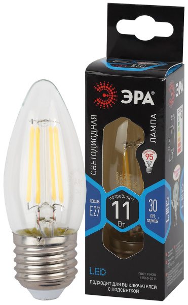 ЭРА F-LED B35-11w-840-E27 (филамент, свеча, 11Вт, нейтр, E27)