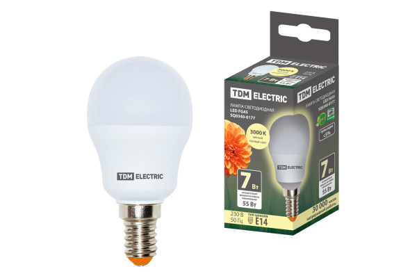 TDM Лампа светодиодная FG45-7 Вт-230 В-3000 К–E14 SQ0340-0177