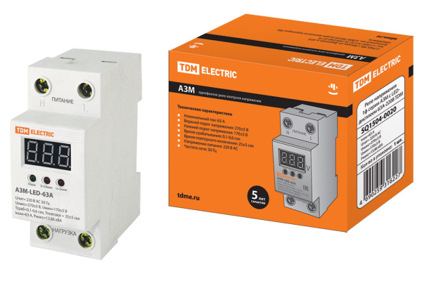 TDM Реле напряжения 1ф АЗМ-LED с LED-дисплеем 63А-230В SQ1504-0020