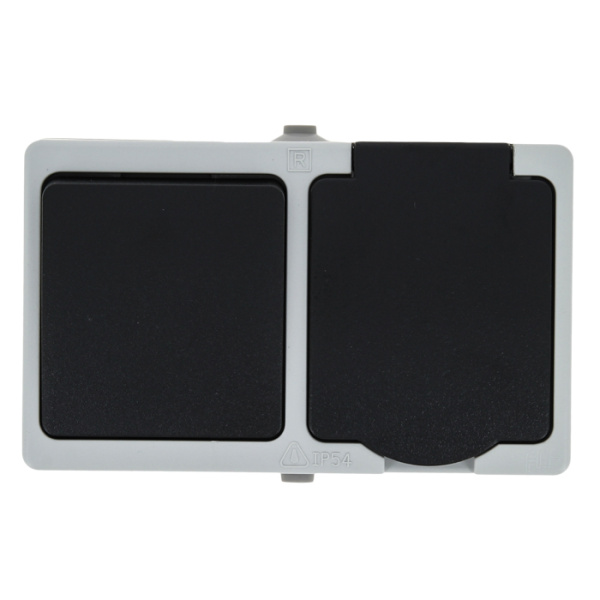 Купить EKF PROxima Блок розетка-выкл. 1-кл. 16А с/з с крышкой IP54 сер. с защ. штор. Венеция EVRV16-050-30-540