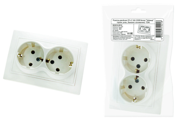 TDM Розетка двойная 2П+З 16А 250В белая "Таймыр" (пром. упак., бакелит. основание) SQ1814-0514