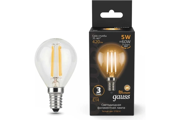Gauss Лампа Filament Шар 5W 420lm 2700К Е14 LED 105801105 Купить Gauss Лампа Filament Шар 5W 420lm 2700К Е14 LED 105801105
