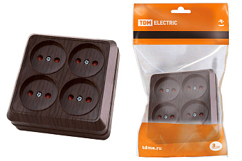 TDM Розетка четырехместная 2П открытой установки IP20 10A с защитными шторками бук "Ладога" SQ1801-0321
