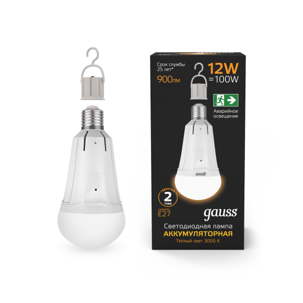 Купить Gauss Лампа A80 12W 900lm 3000K Е27 авар. с Li-Ion аккумулятором LED 102002112