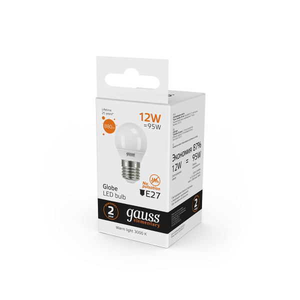 Купить Gauss Лампа Elementary Шар 12W 880lm 3000K Е27 LED 53212