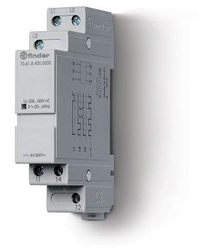 Finder Контрольное реле для 3-фазных сетей; обрыв/чередование фаз, фиксированные регулировки; выход 1CO 6А; модульное, ширина 17.5мм; степень защиты I 706184000000