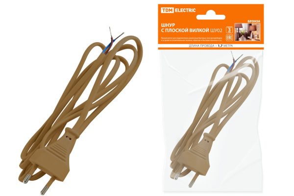 TDM Шнур с плоской вилкой ШУ02 ШВВП 2х0,75мм2 1,7 м. бронза SQ1305-0013