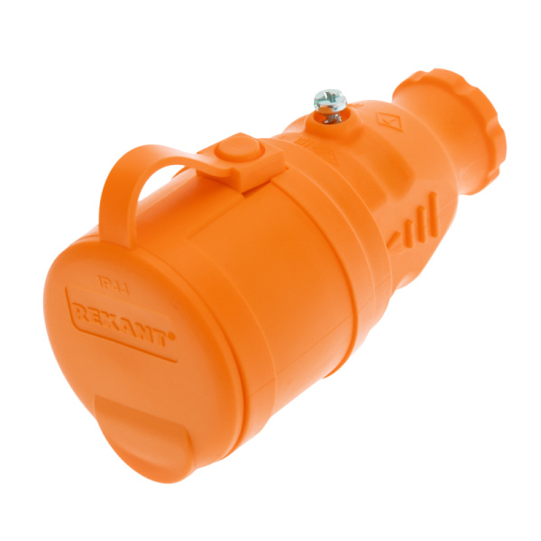 Розетка переносная влагозащищенная с крышкой, с/з, 16 А, IP44, каучук оранжевая Rexant 111-123