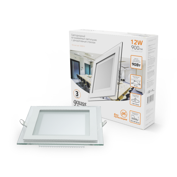 Купить Gauss Светильник Glass кв 12W 900lm 3000K 220-240V IP20 монт Ø118х118 160*160*30 с дек стек LED 948111112