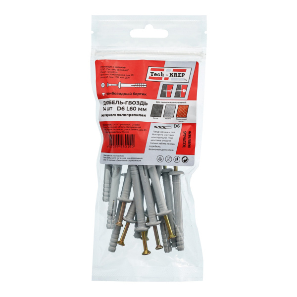 Tech-Krep Дюбель-гвоздь 6х60 гриб. манжета (полипропилен)  (14 шт) - пакет 102946