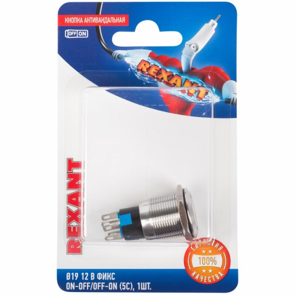 Кнопка антивандальная Ø19 12В Фикс (5с) ON-OFF/OFF-ON подсв/красная (в упак. 1шт.) Rexant 06-0365-B
