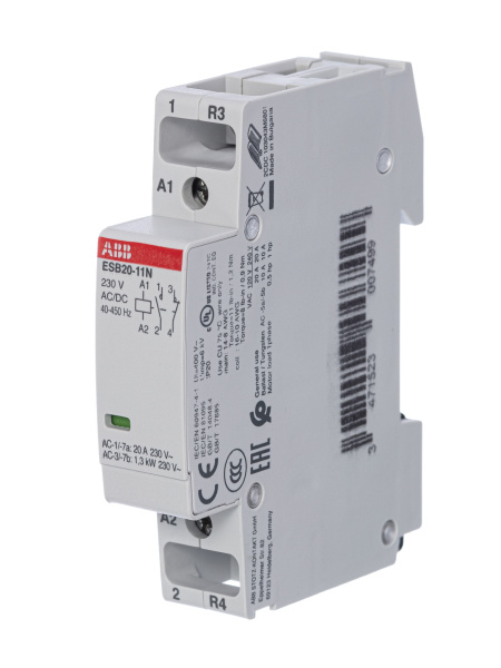 ABB Контактор ESB20-11N-06 модульный (20А АС-1, 1НО+1НЗ), катушка 230В AC/DC 1SBE121111R0611