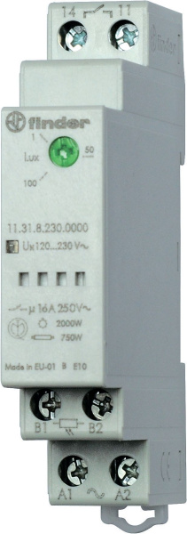 Finder Фотореле модульное с фотоэлементом 011.02; монтаж на рейку 35мм; 1NO 16A; питание 24В АC/DC; настройка чувствит. 1…100люкс; ширина 17.5мм; степ 113100240000