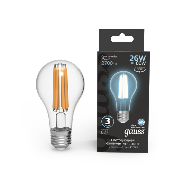 Купить Gauss Лампа Filament А70 26W 2700lm 4100К Е27 LED 1/10/40 102902226