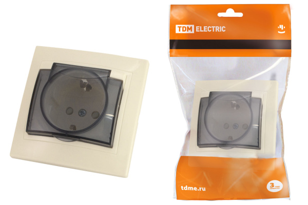 TDM Розетка 2П+З с защ. шт. и крышкой 16А 250В IP44 сл. кость "Таймыр" SQ1814-0119