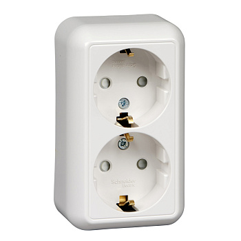 SE Wessen Прима наруж Бел Розетка 2-ая с/з с защитными шторками 16А, монтажная пластина (в сборе)(опт.упак.) RA16-214M-B