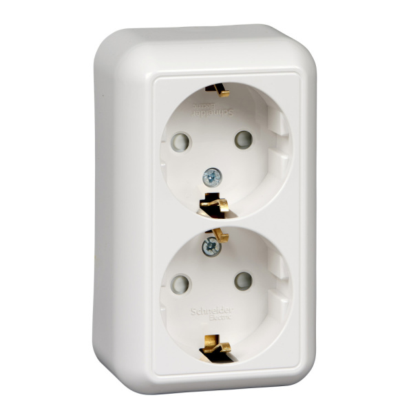 SE Wessen Прима наруж Бел Розетка 2-ая с/з с защитными шторками 16А, монтажная пластина (в сборе)(опт.упак.) RA16-214M-B