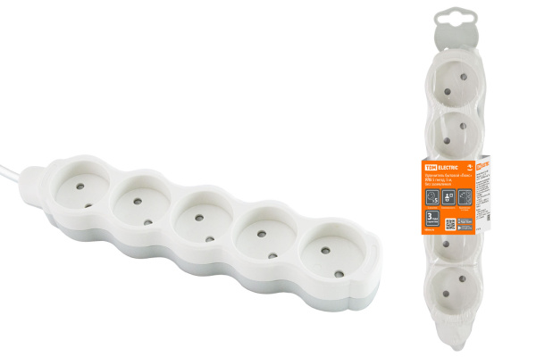 TDM Удлинитель бытовой  "Люкс" УЛ5 5 гнезд, 5м, б/з, с з/ш, ПВС 2х0,75 мм2  10А/250В бело-серый SQ1303-0231