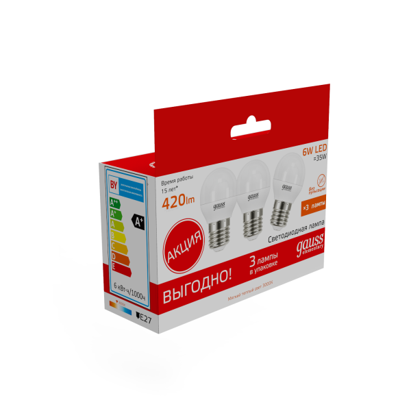 Купить Gauss Лампа Elementary Шар 6W 3000K E27 (3 лампы в упаковке) LED 1/40 53216T