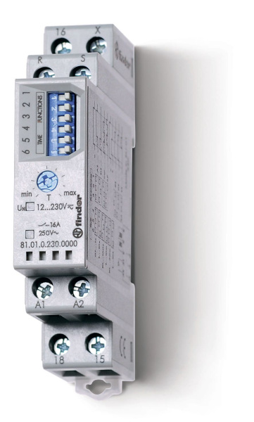 Finder Модульный таймер мультифункциональный (AI, DI, SW, SP, BE, DE, EEb), функции SET, RESET; питание 12…240В АС/DC; 1CO 16A; ширина 17.5мм; регулир 810102300000