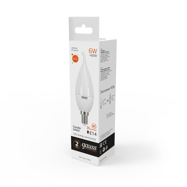 Купить Gauss Лампа Elementary Свеча на ветру 6W 420lm 3000K Е14 LED 34116
