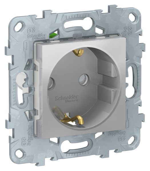 Купить SE Unica New Алюминий Розетка с/з, со шторками, с быстрозажимными клеммами NU505730