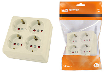 TDM Розетка четырехместная 2П+3 открытой установки IP20 16A с защитными шторками сл.кость "Ладога" SQ1801-0223