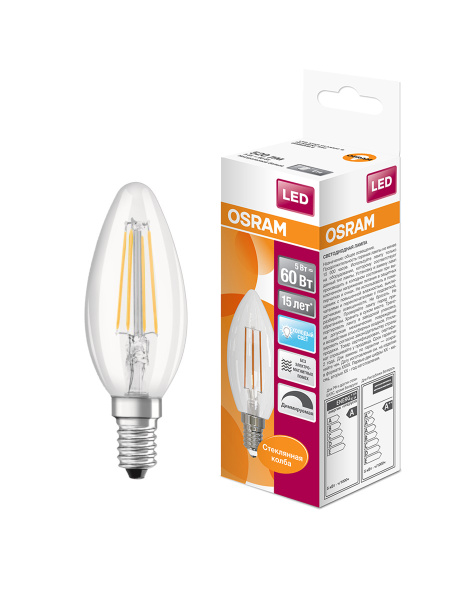Купить Osram Светодиодная филаментная лампа LED STAR Classic B 5W (замена 60Вт),диммируемая,нейтральный белый свет, прозрачная колба, Е14 4058075230385