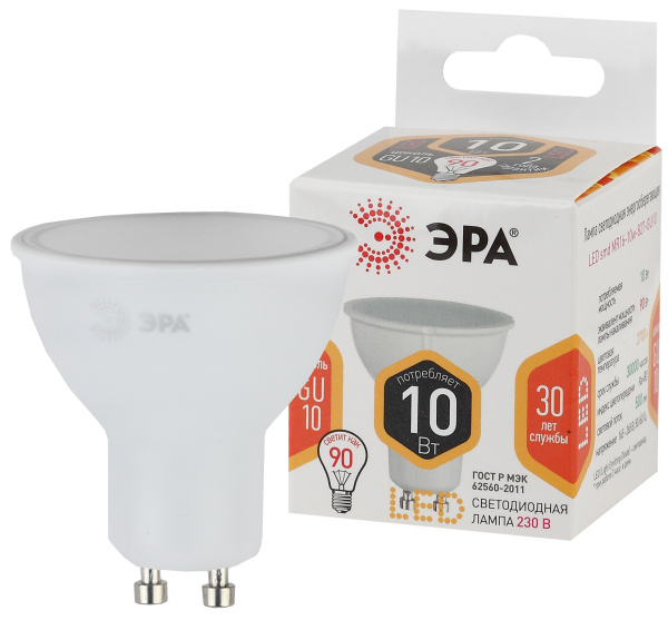 ЭРА Лампочка светодиодная STD LED MR16-10W-827-GU10 GU10 10 Вт софит теплый белый свет ЭРА Лампочка светодиодная STD LED MR16-10W-827-GU10 GU10 10 Вт софит теплый белый свет