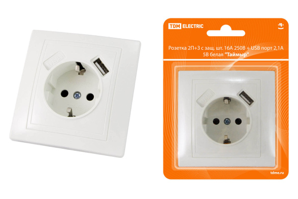 TDM Розетка 2П+З с защ. шт. 16А 250В + USB порт 2,1А 5В белая "Таймыр" SQ1814-0040