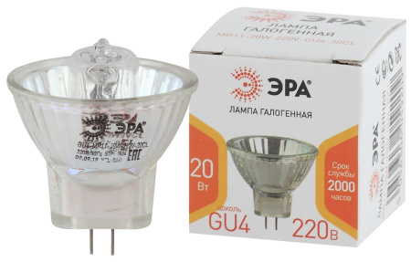 ЭРА GU4-MR11-20W-220V-30 CL Галогенная лампа софит, 20Вт, 220V, нейтр, GU4 Б0044093