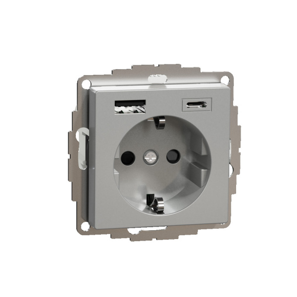 SE MERTEN SM Алюминий Розетка силовая 16 A с зарядкой USB A+C 3 A MTN2367-0460