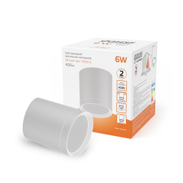 Купить Gauss Светильник Overhead накл цил 6W 400lm 300K 170-240V IP20 68*75мм белый с расс LED HD023