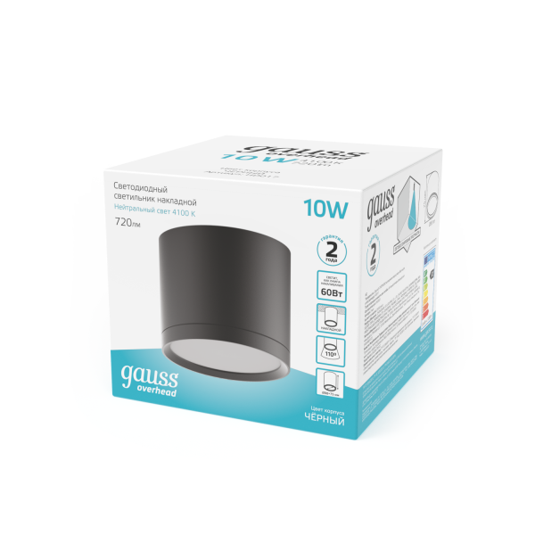 Купить Gauss Светильник Overhead накл цил 10W 720lm 4100K 170-240V IP20 88*75мм черный с расс LED HD017