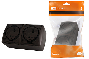 TDM Розетка двойная 2П+3 открытой установки IP54 16А с прозрачной крышкой шоколад "Селигер" SQ1818-0209