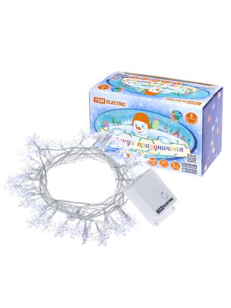 TDM Гирлянда светодиодная "Снежинки" 50LED, 5м, 8 режимов, многоцвет., прозр. шнур, 250 В, SQ0361-0047