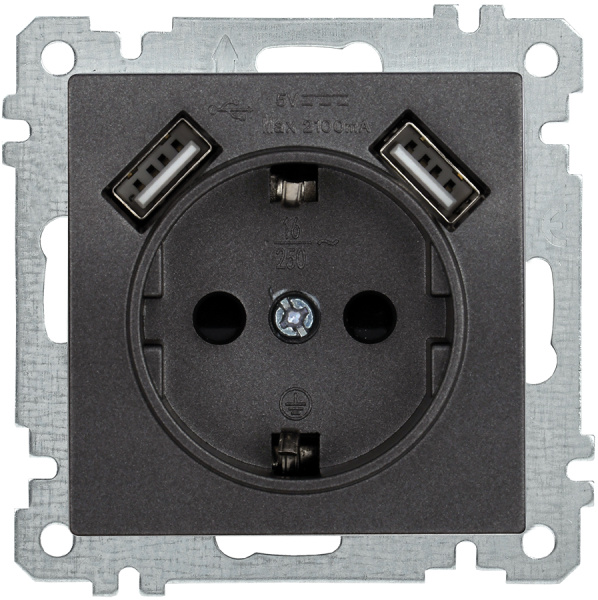 IEK BOLERO BOLERO Розетка Антрацит USBх2 2,1А с з/к с з/ш 16А РЮш10-1-Б ERB14-K95-16-U2