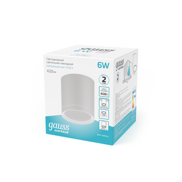 Купить Gauss Светильник Overhead накл цил 6W 420lm 4100K 170-240V IP20 68*75мм белый с расс LED HD022
