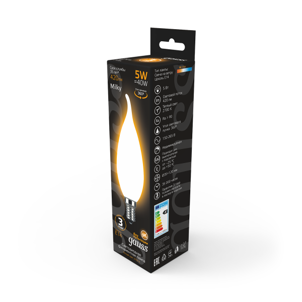 Купить Gauss Лампа Filament Свеча на ветру 5W 420lm 2700К Е14 milky LED 104201105